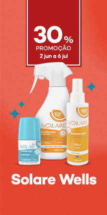 Protetores Solares da marca Solare Wells com destaque promocional 30% direto